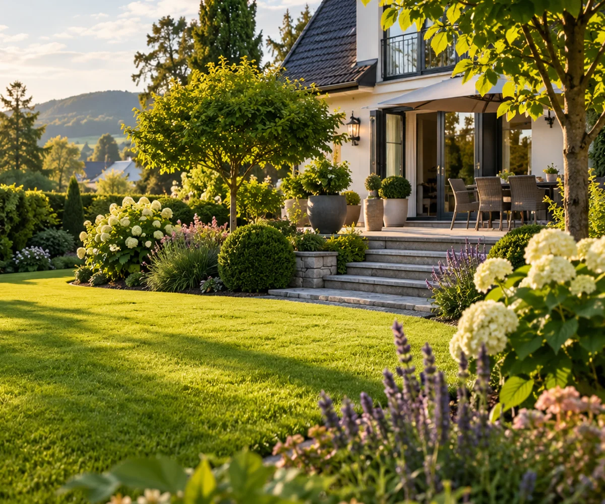 Wunderschöne Gartenanlage mit Blumen und Grünflächen – Symbolbild