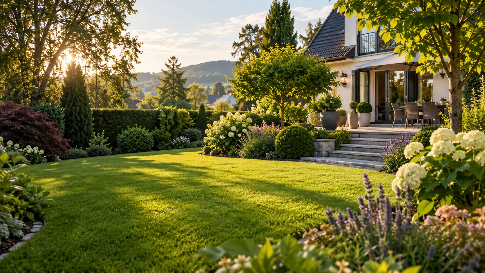 Stimmungsvoller, gepflegter Garten im Abendlicht – Symbolbild